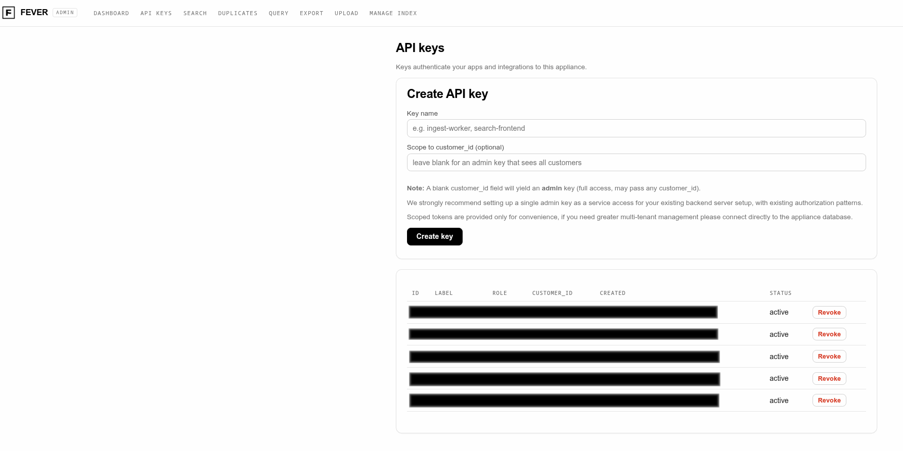 Creating a tenant API key in the FEVER admin console
